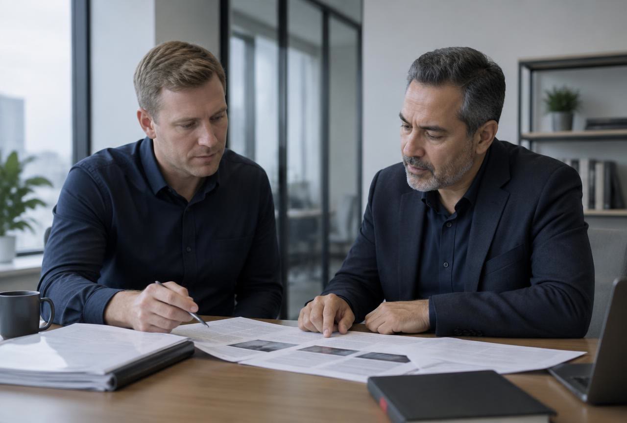 Dos profesionales revisando los documentos de una norma