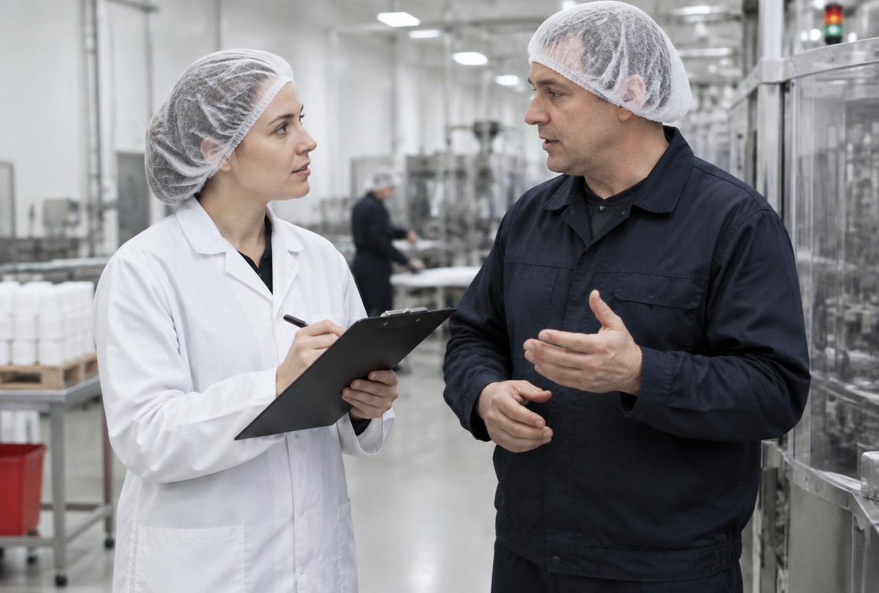 Auditora interna revisando registros con un operario en planta durante una auditoría de ISO 9001.