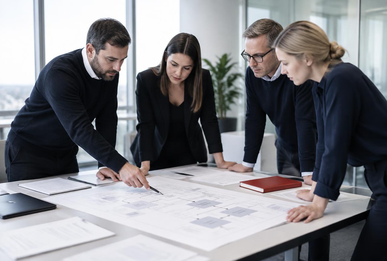Equipo de una organización delimitando el alcance del sistema de gestión de calidad ISO 9001 sobre un diagrama de procesos.