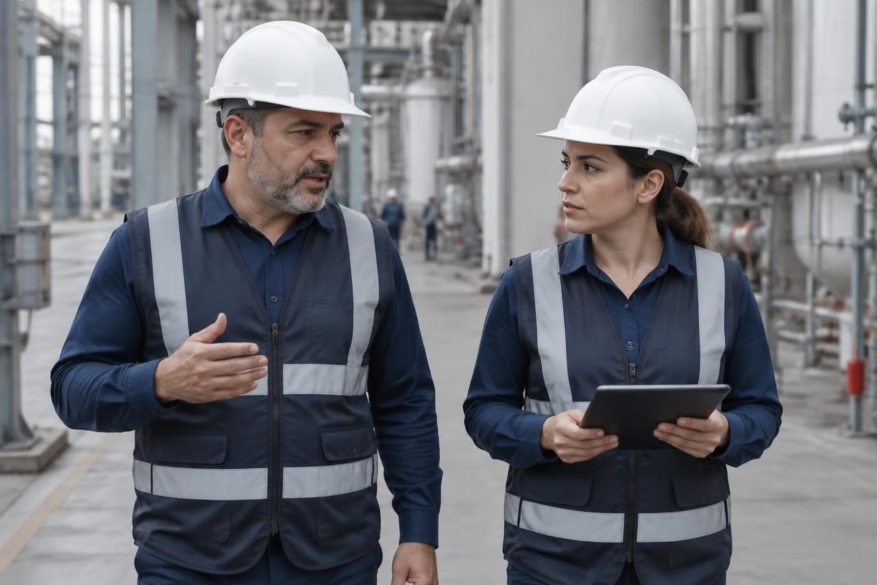 Auditor recorriendo la planta junto a un operario durante el seguimiento