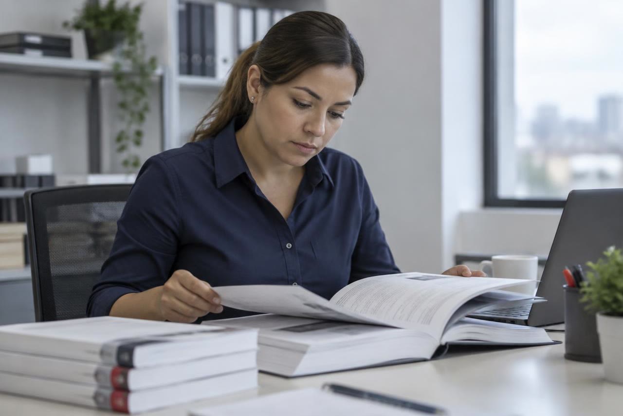 Responsable de calidad revisando el catálogo de normas en su escritorio