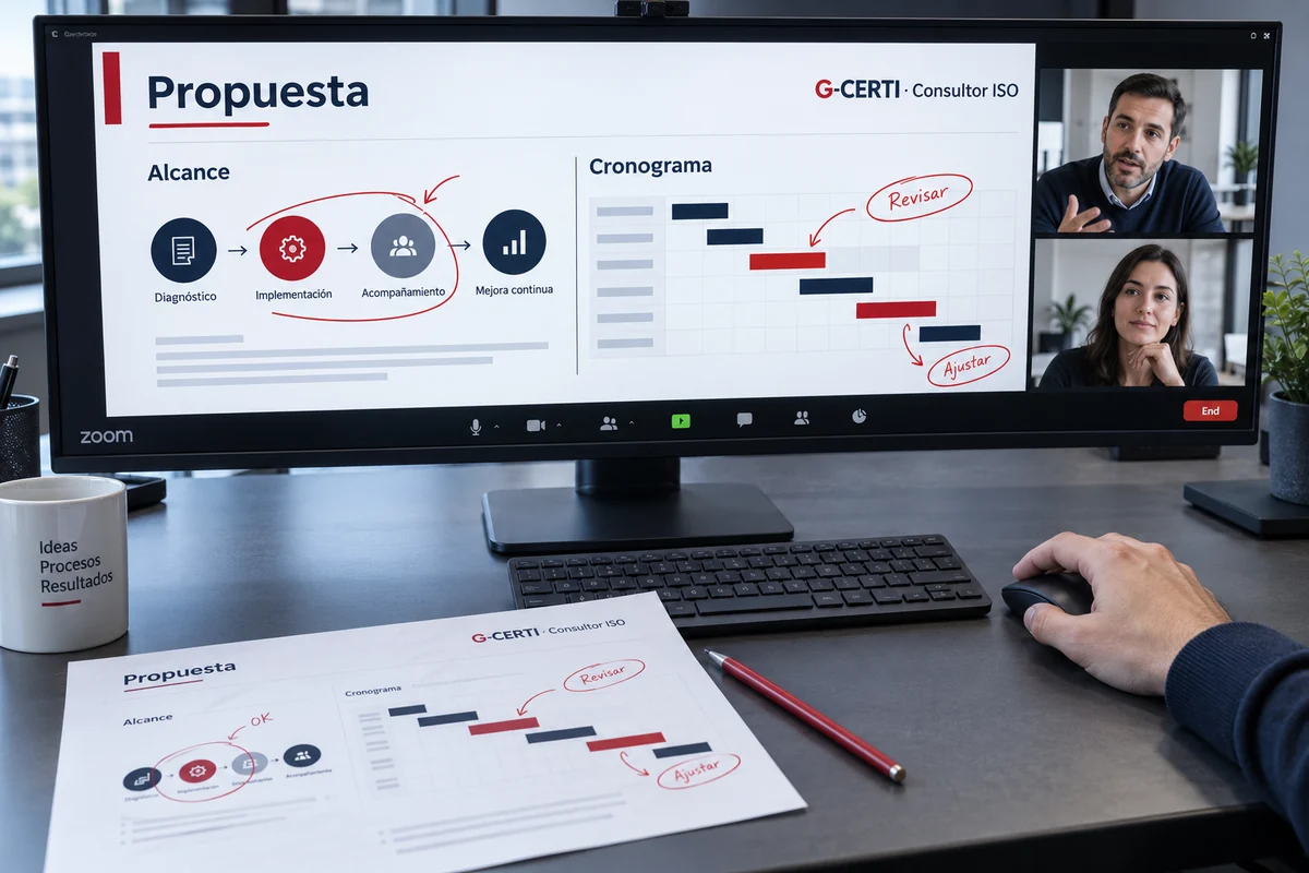 Clase online en la que se revisa una propuesta de consultoría en pantalla