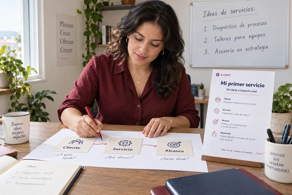 Una profesional ordena en su escritorio las ideas de su primer servicio de consultoría
