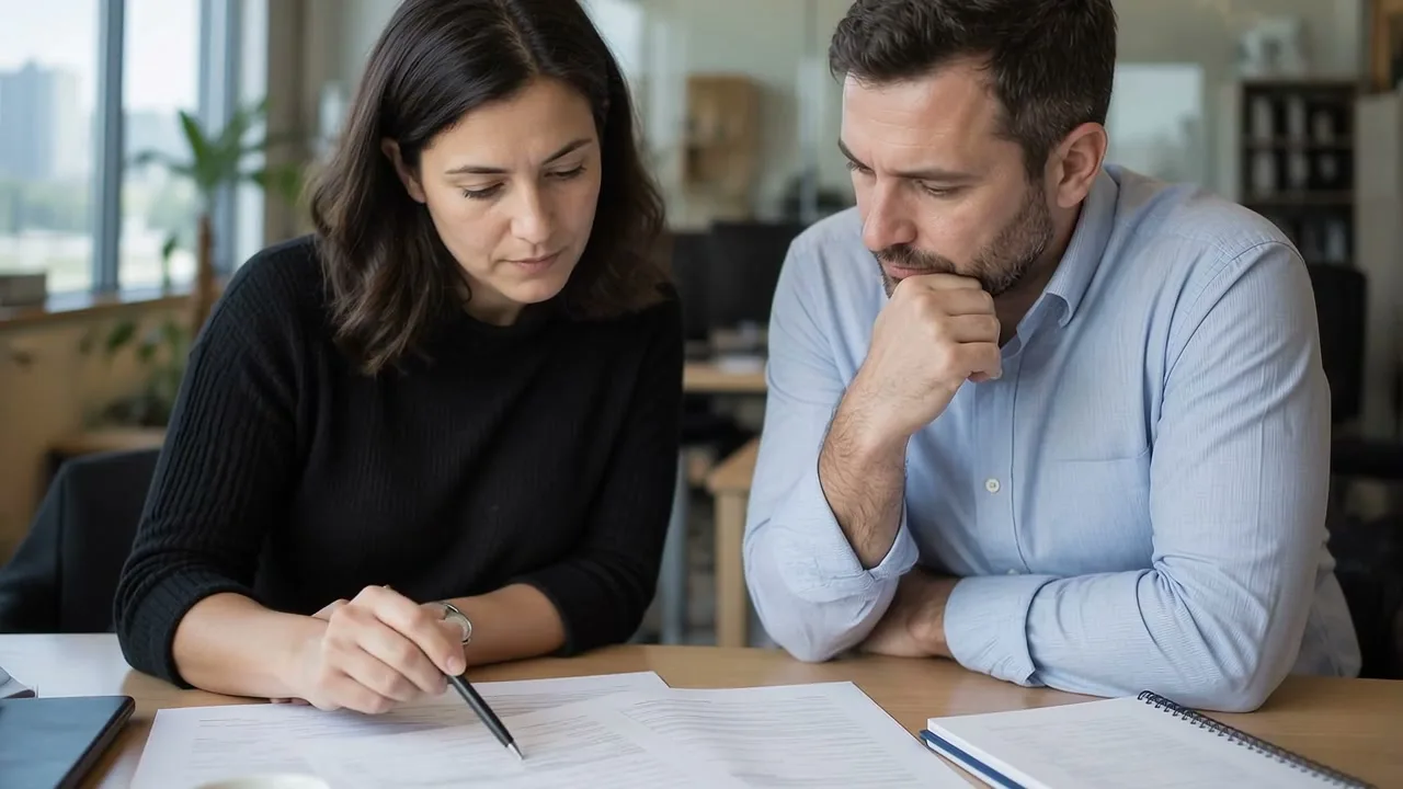 Dos profesionales revisan documentos de trabajo en una mesa